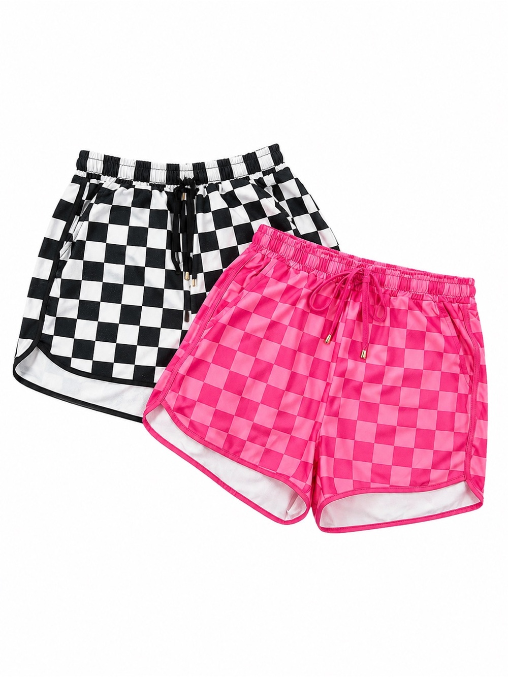 Checkered Athletic Lounge Shorts Set Black White & Pink Elastic Waist Small